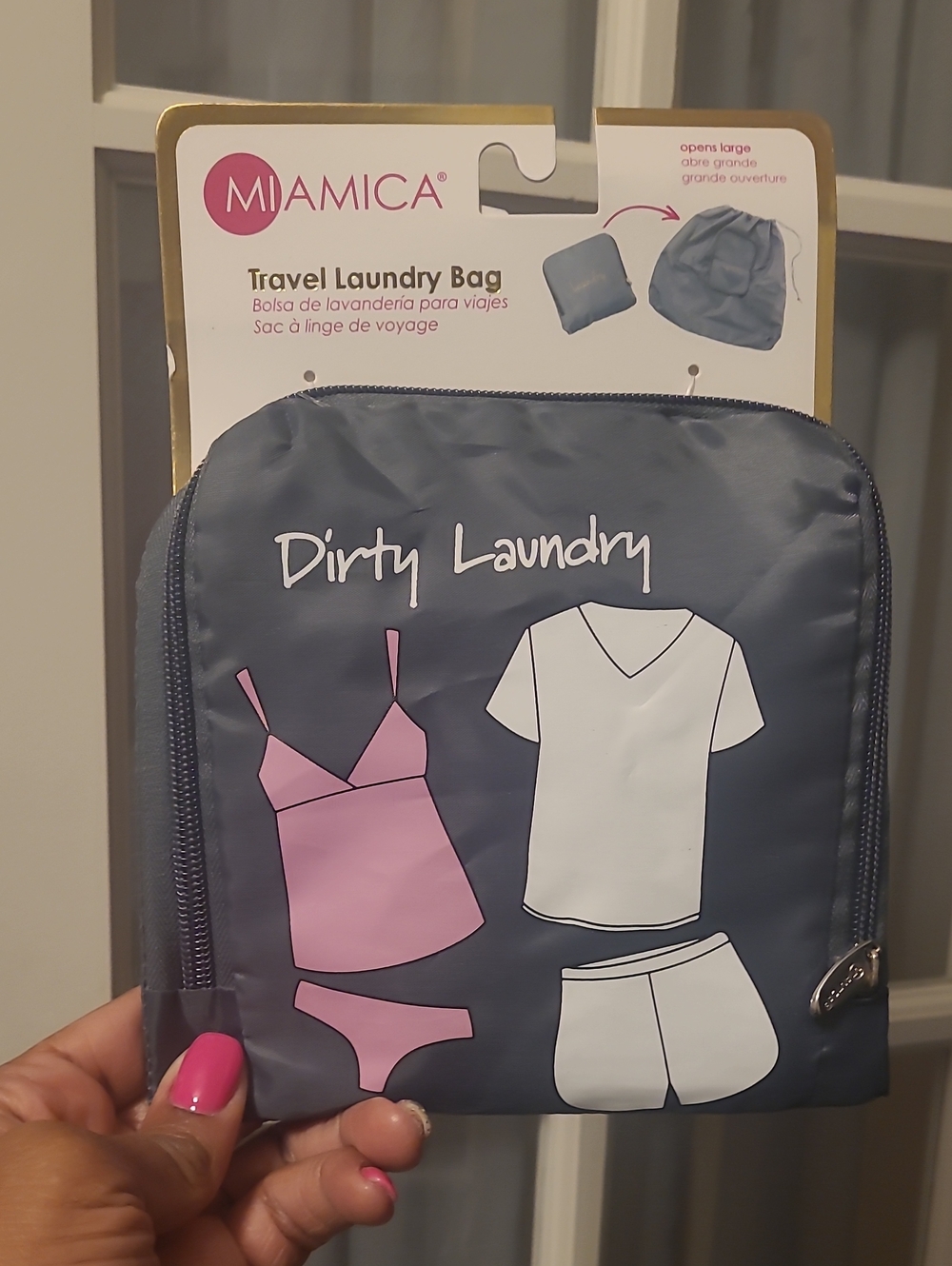 MIAMICA Travel Laundry Bag - Navy with Pink & White Graphics